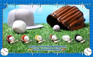Detail of 3-in-1 baseball keychain set with mini bat, glove, and ball on green grass