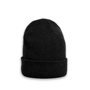 Close-up of the detailed knit texture and fold-over cuff on the black beanie