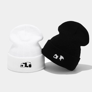 Panda Embroidery Beanie Hat Acrylic Knit Warm Cuffed Winter Cap For Men Women Cute Streetwear Ribbed Soft