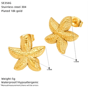 Detail of 18k gold plated starfish earrings with waterproof and hypoallergenic specs