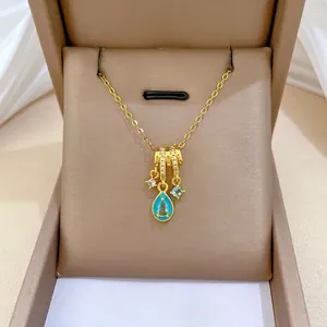 Water Drop Pendant Necklace Gold Tone Titanium Steel Chain Blue Stone Micro Inlaid Zircon Elegant Jewelry For Women