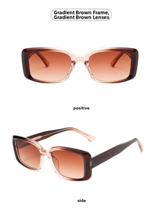Detailed front and side views of square sunglasses with gradient tea frames and lenses