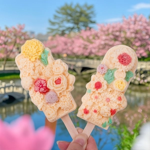 4-Fach Silikon-Eisform mit Blumenmuster und Holzstielen für selbstgemachtes Eis