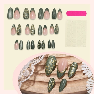 Luxury 3D dark green cat eye press-on nails set with gold floral relief and pearls