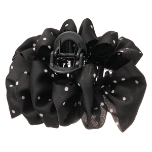 Polka dot fabric hair claw clip with black chiffon texture for high ponytail styling