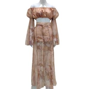 Two-piece floral off-shoulder crop top and high slit maxi skirt in apricot chiffon