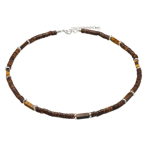 Bohemian necklace with brown coconut beads, tiger eye stones and silver lobster clasp