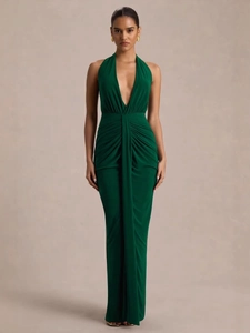 Elegant deep green halter V-neck maxi dress with ruched waist and slim fit design