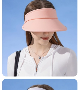 Detail of pink UPF50+ sun visor hat showing breathable fabric and wide brim design