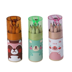 12-color pencils set in cartoon barrels with built-in sharpener for kids and students