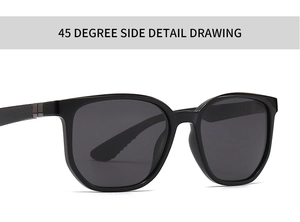 Detailed 45-degree side view showing black plastic frames and polarized lenses of sunglasses
