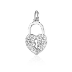 Close-up of heart-shaped lock pendant with sparkling stones and silver finish