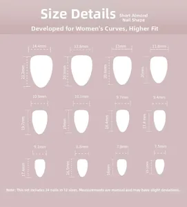 Size chart for short almond press-on nails featuring 12 different dimensions for a perfect fit