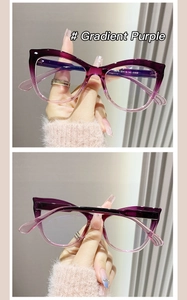 Detail view of cat eye glasses frames featuring a purple gradient finish and temple specs