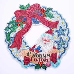5D DIY Christmas diamond painting wreath with Santa Claus, red bow and stars detail