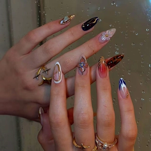 Leopard Print Almond False Nails With 3D Flower Design Red Brown French Gradient Glossy Press On Nails Glue Included