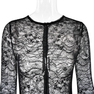 Close-up of intricate black lace texture and floral embroidery on this slim fit bodysuit