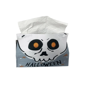 Halloween tissue box cover with skull pattern and Halloween text on grey felt material