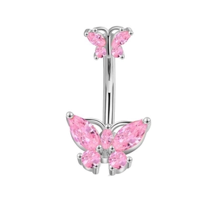 Piercing de ombligo con mariposa de circonita rosa en acero inoxidable