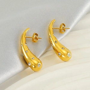 Golden comma shaped stainless steel earrings with sparkling inlaid zircons for women