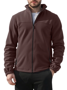 Detail of dark brown men's fleece jacket with full-zip high collar and elastic cuffs