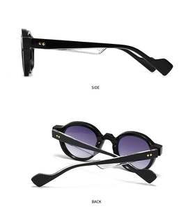 Side and back view of retro polygon sunglasses with gradient lenses and gold rivets
