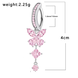 Pink gemstone butterfly navel ring in stainless steel with 4cm length and size specs