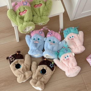 Moufles En Peluche Monstre Drôle Fausse Fourrure Épaissie Hiver Chaud Cordon Cou Gants Dessin Animé Mignons