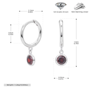 Detailed S925 sterling silver hoop earrings featuring red 5A zircon with size measurements