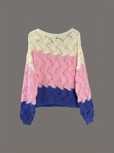 Maglione da donna in maglia traforata a blocchi di colore beige, rosa e viola