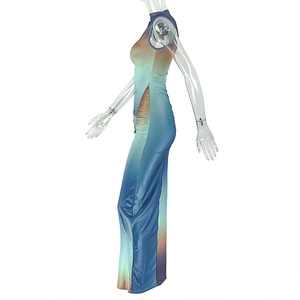 Close-up of high neck gradient dress featuring side waist cut-out and sleeveless design