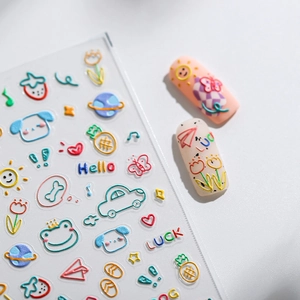 5D embossed nail stickers featuring colorful 3D cartoon doodles, flowers and strawberries