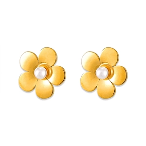 Boucles D'oreilles Puces Fleur Élégantes Avec Imitation Künstliche Perle Acier Titane Bijoux Floraux À Cinq Pétales Pour Femmes