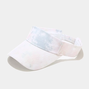 Detail view of pink and blue tie-dye sun visor hat with reinforced brim stitching