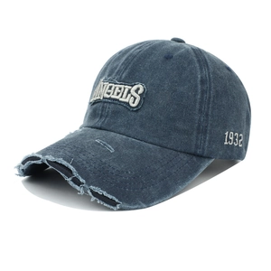 Detailed view of the distressed brim and 3D 'ANGELS' embroidery on the vintage baseball cap