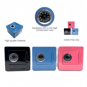 Detail view of mini metal safes with two-digit combination locks in black blue and pink