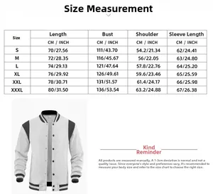 Detailed size chart for the casual varsity bomber jacket with fleece lining from S to 3XL