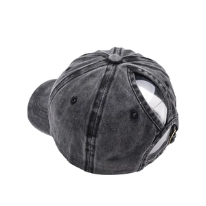 Vintage washed denim ponytail baseball cap for women with adjustable metal buckle
