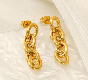 Detailed close-up of 18K gold plated stainless steel interlocking chain link earrings