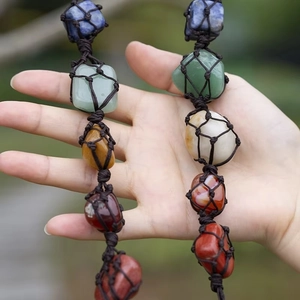 Handmade Tree of Life car hanging with seven chakra natural crystals and woven rope
