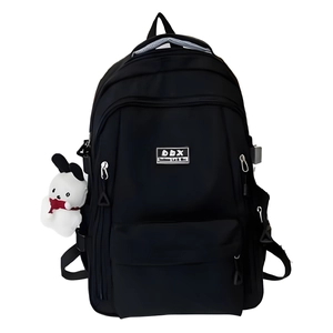 Black minimalist nylon school backpack with a cute white plush pendant accessory