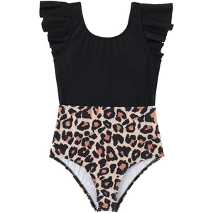 Detail of girls' leopard print swimsuit featuring black ruffled shoulder straps and pattern