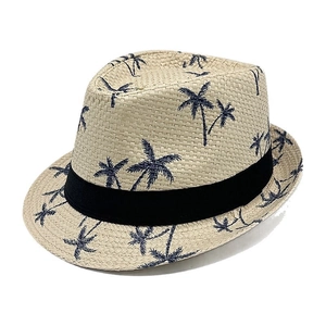 Straw fedora hat for men with blue palm tree print and black decorative ribbon trim