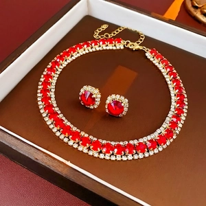Elegant French Luxury Rhinestone Necklace And Earrings Copper Zircon Square Red Gemstone Jewelry For Women Formal Banquet