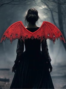Detail of red dragon wings with realistic scale texture for Halloween cosplay outfits