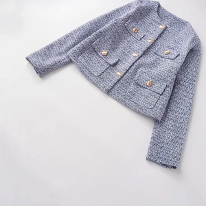 Light blue tweed cropped jacket with gold buttons and four pockets in classic style