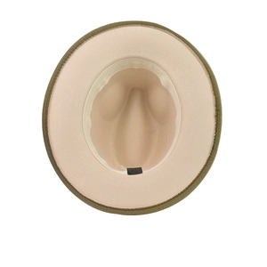 Detail view of the olive green and beige gradient wool felt hat interior with sweatband