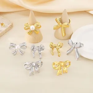 Bow Knot Ring For Women 316L Stainless Steel Adjustable Open Band Imitation Artificial Pearl Elegant Fashion Jewelry