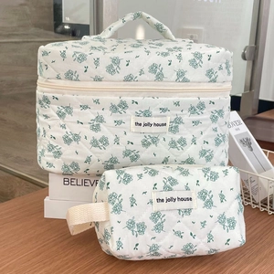 Floral Quilted Cotton Makeup Bag Portable Large Capacity Travel Cosmetic Organizer Pouch With Handle For Women Students
