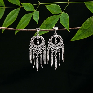 Detail of silver dreamcatcher earrings with metallic tassels hanging on a green branch